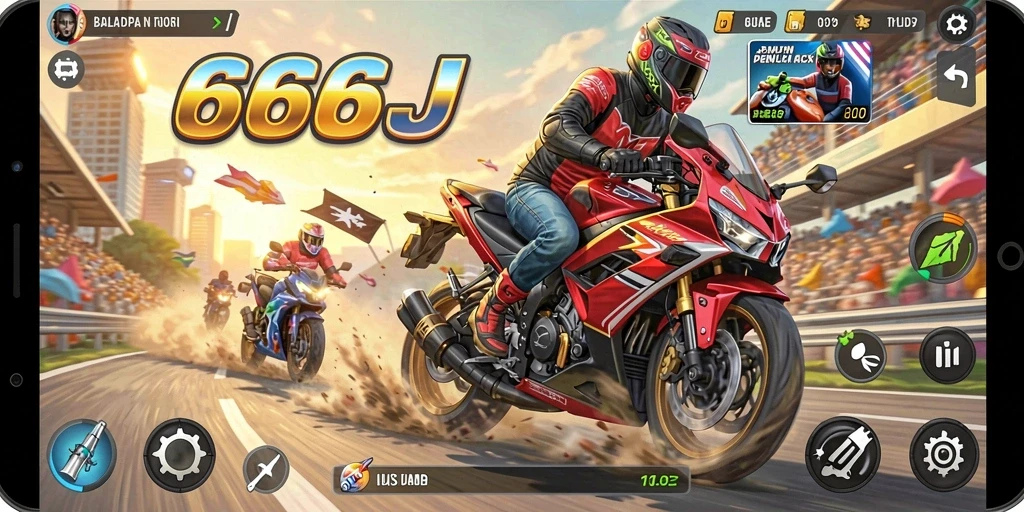 Tangkapan layar menampilkan balapan motor yang seru dan mendebarkan di 666J.