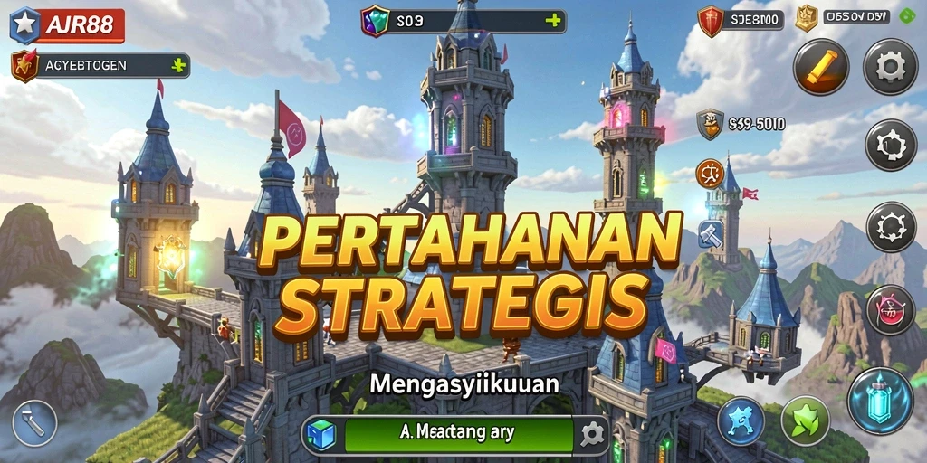 Screenshot gameplay AJR88 dengan menara dan musuh yang menantang.