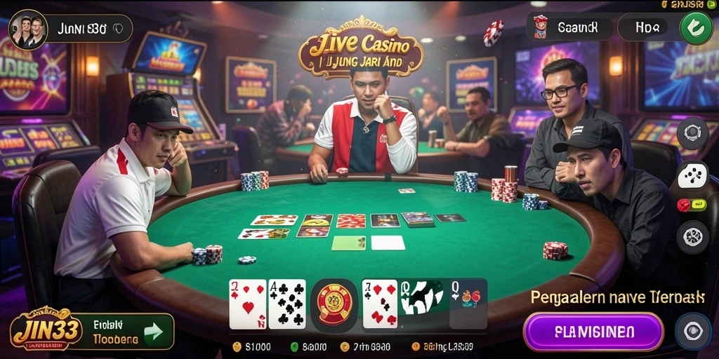 Screenshot JIN33 menampilkan dealer profesional di tengah permainan Live Casino.