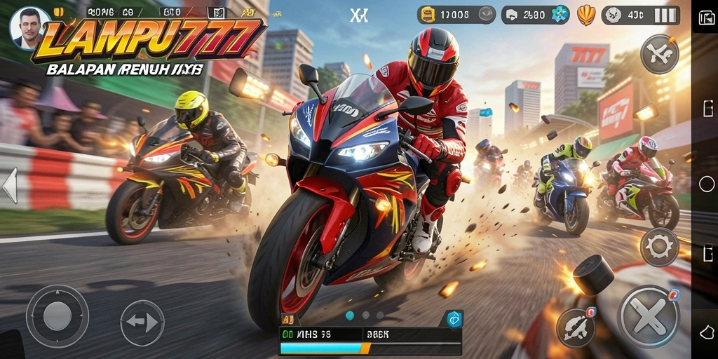 Tampilan gameplay LAMPU777 dengan balapan motor yang mengasyikkan.