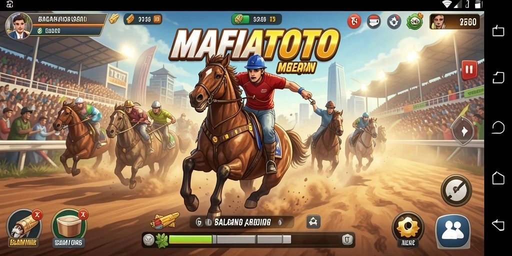 Screenshot gameplay MAFIATOTO menampilkan balapan seru dan mobil kencang.