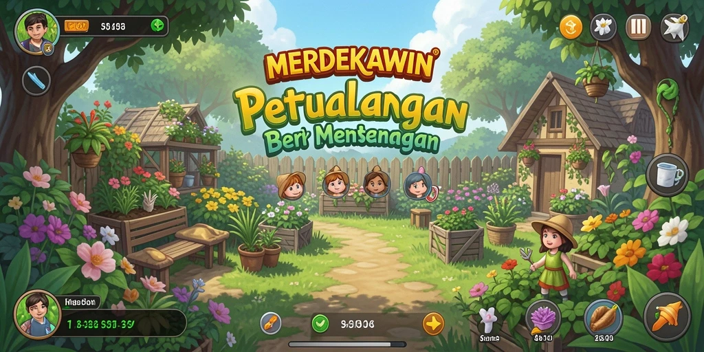 Tampilan gameplay MERDEKAWIN yang menarik dengan berbagai aktivitas pertanian.