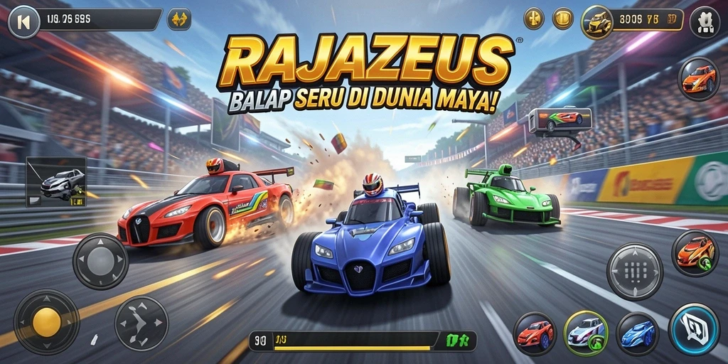 Screenshot permainan RAJAZEUS menampilkan aksi balap yang mendebarkan.
