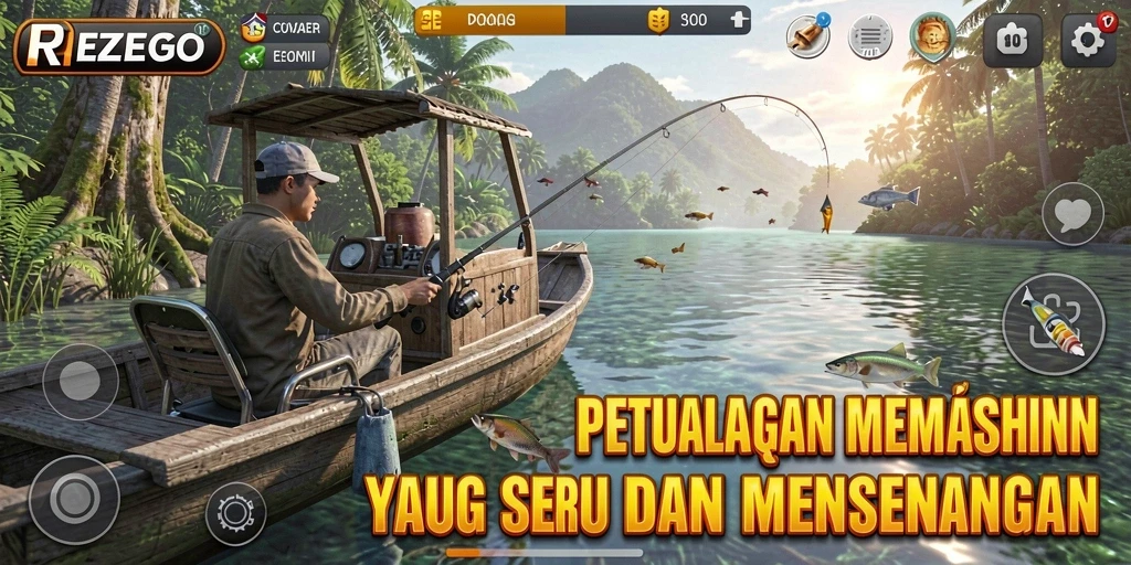 Screenshot gameplay REZEGO menunjukkan aksi memancing yang seru dan mendebarkan.