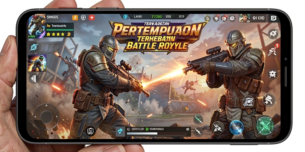 Screenshot gameplay SM605 menampilkan pertempuran seru dalam arena Battle Royale.