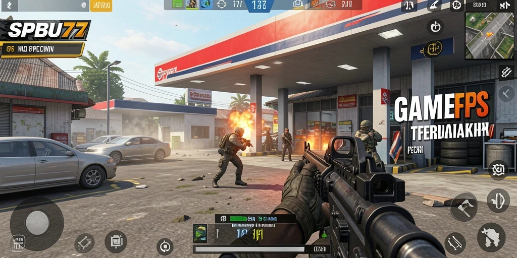 Screenshot SPBU77 yang menampilkan aksi ketegangan dalam gameplay FPS.