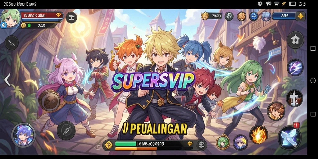 Tangkapan layar gameplay SUPERSVIP menampilkan aksi yang seru dan karakter menarik.
