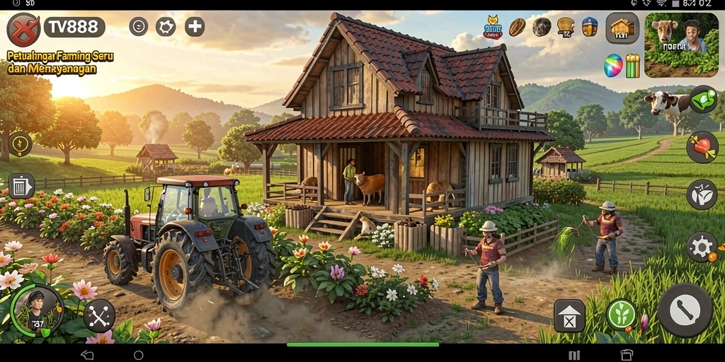 Tampilan gameplay TV888 yang menampilkan ladang pertanian yang subur.