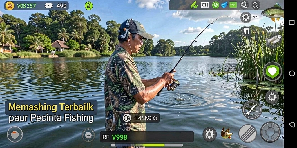 Gameplay memancing seru dalam V98 dengan berbagai spesies ikan.
