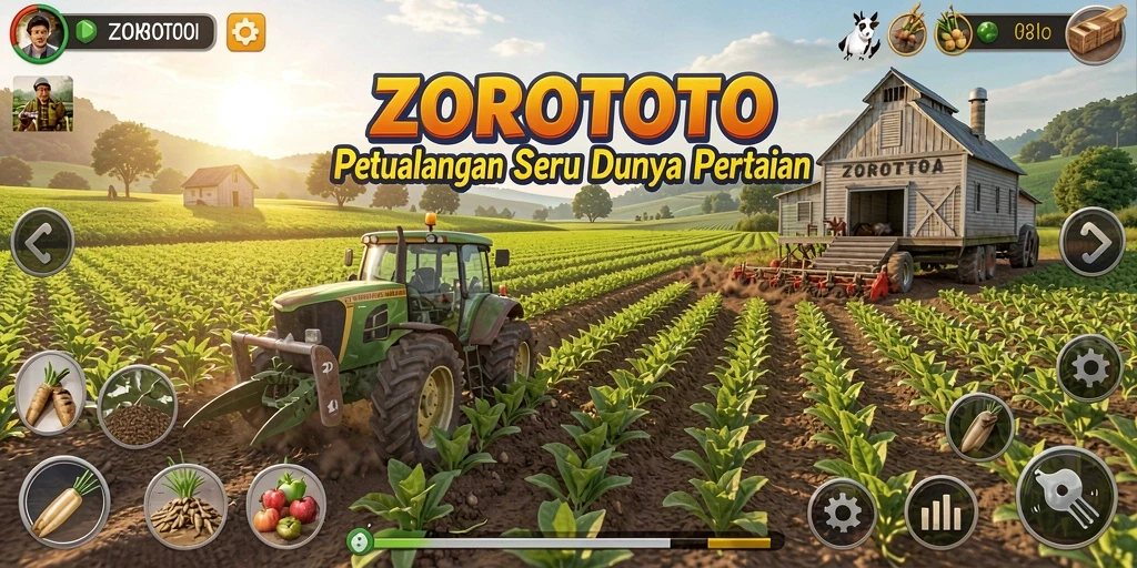 Screenshot permainan ZOROTOTO menampilkan ladang yang subur dan hewan ternak.